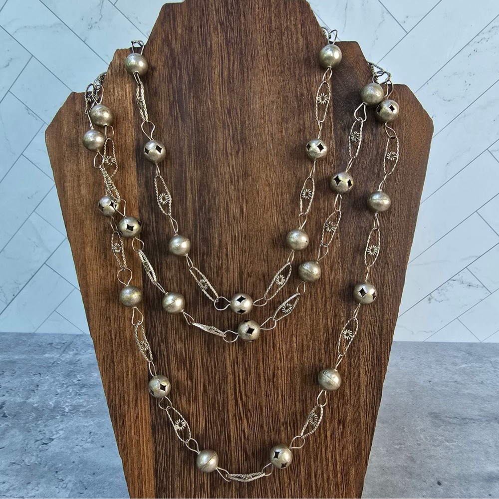 Vintage Silver Tone Bell Station Necklace Long Filigree Floral Link Boho 64 Inch